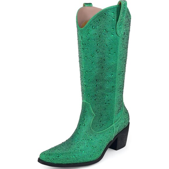 ⚡Women’s Green Rhinestone Cowboy Boots Mid Calf Pointed Toe Block Heel - Picture 1 of 6